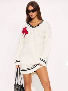 Fashion Nova White Cable Knit V-Neck Sweater Dress with Black Trim and Red Patch